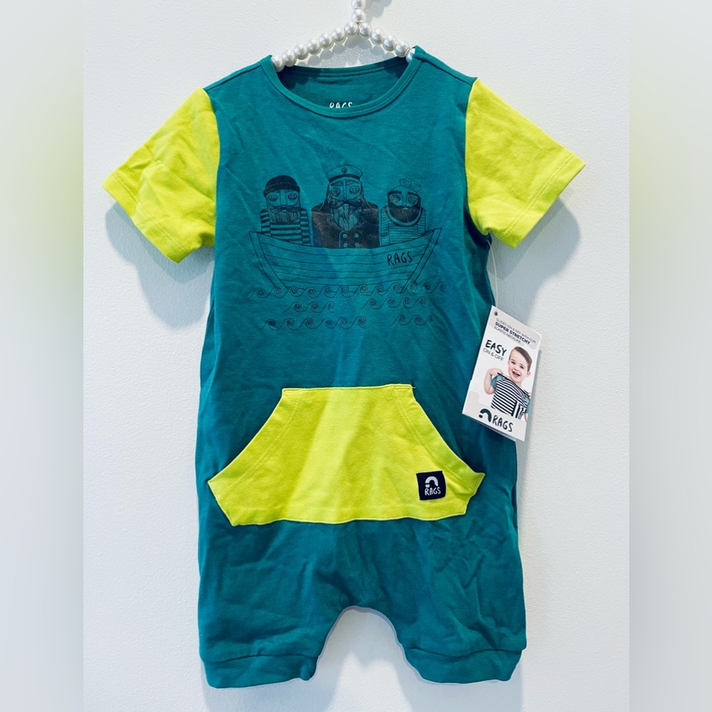 NWT Rags short sleeve short kangaroo pocket rag romper- Ivy Sailor Squad